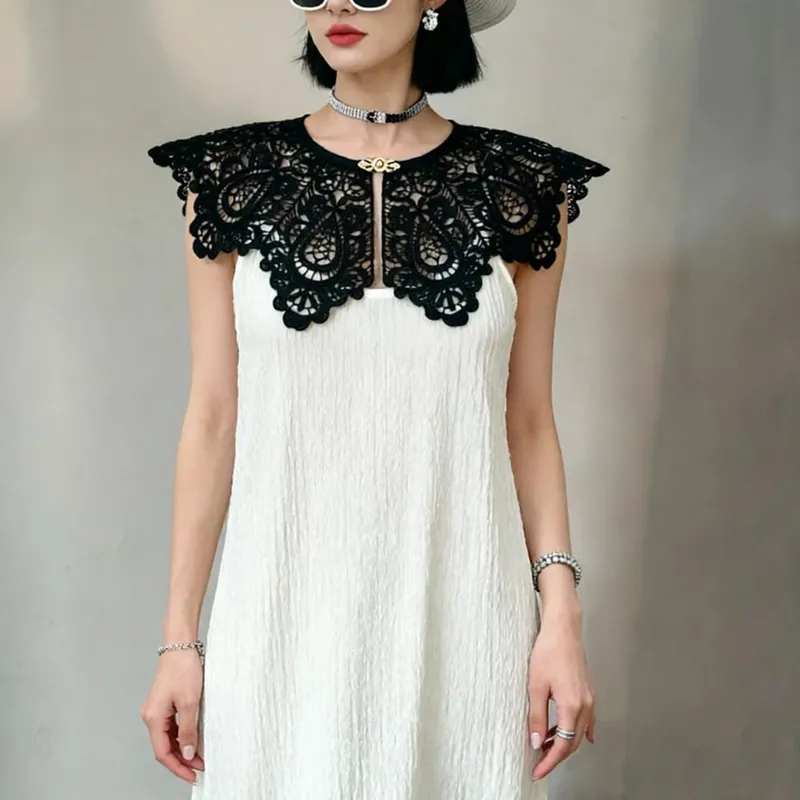 Pleated Sleeveless Elastic Long Dresses Women Vintage Palace Style Womens Black White Doll Fake Collar Soft Midi Dress Clothing