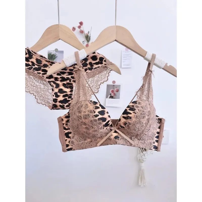 Hot Sale Leopard Print Cross Push‑Up Bra Set Wireless Seamless Anti Sag Lifting Sexy Underwear Lingerie For Women