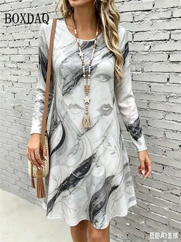2026 New Women's Dresses Autumn Fashion Streetwear Abstract Painting Floral Print Dress Casual Long Sleeve Loose A-Line Dress