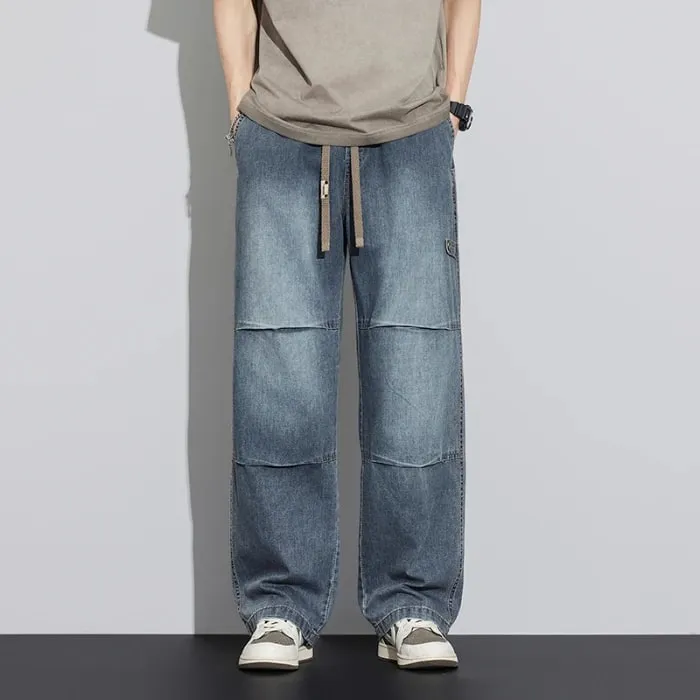 2026 New Japanese Style Textured Grid Men's Jeans Plus Size Loose Straight Vintage Washed Casual Daily Denim Pants