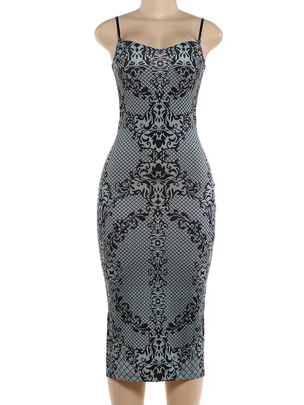 Kliou Art Print Sexy Fashion Sling Dress Woman Low-Neck Backless Sleeveless Skinny Stretch Midnight Party Elegant Long Bodycon