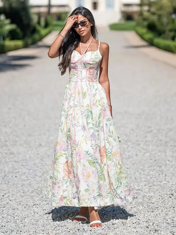 Floral Print Women 's Maxi Dress Spaghetti Strap Corset A Line Long Dresses Female 2026 Summer Fashion Vacation Woman Vestidos