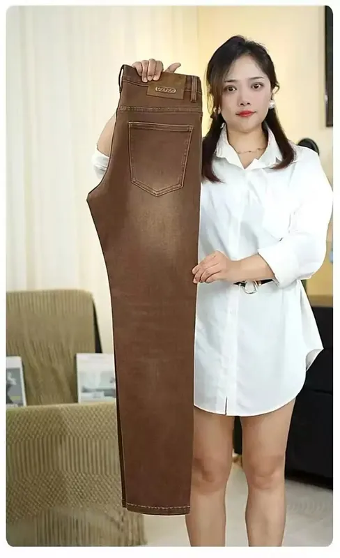 2026 New High-end High-quality Denim Brown Baggy Cotton Elastic Jeans Retro Nostalgic Men's Vintage Straight-fit Trousers