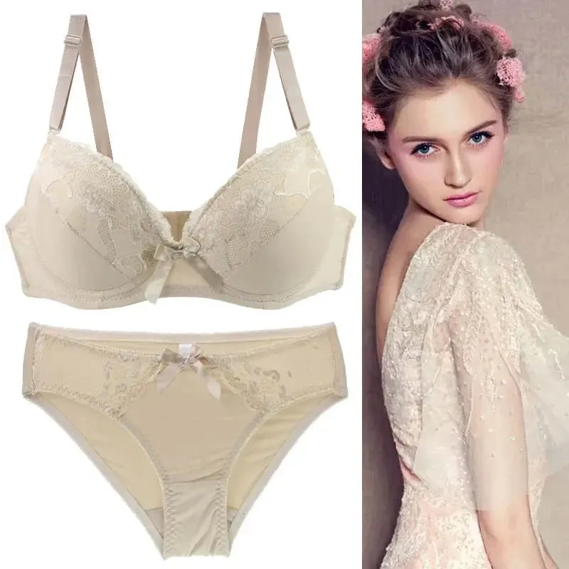 Women Push Up Bra Set Lace Thong Underwear Solid Bow Lingerie Plus Size 70-105 BCDE Cup Female Intimates