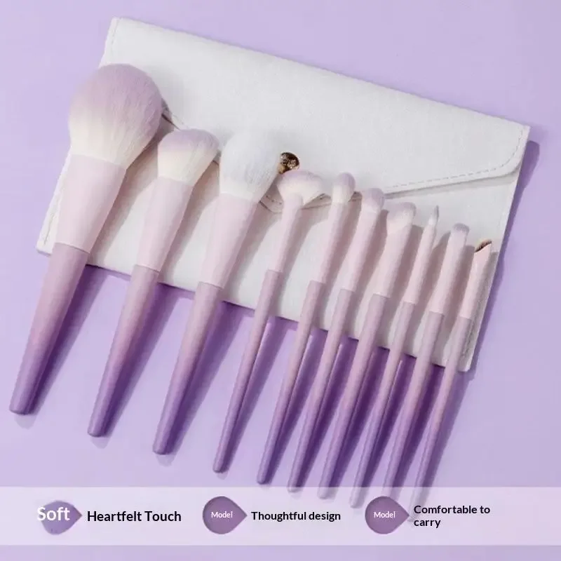 10Pcs Pink Purple Gradient Plastic Handle Makeup Brush Set Synthetic Fiber Bristles Powder Foundation Cosmetic Brushes