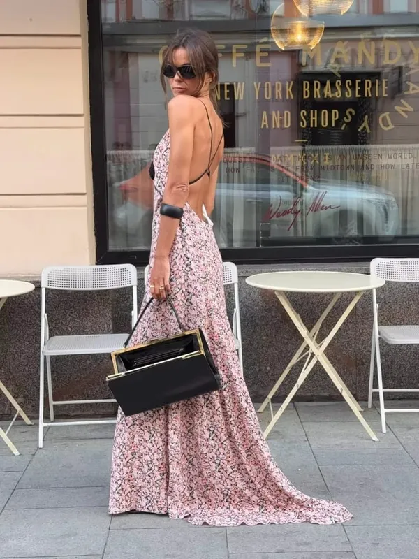 Sexy Floral Printed Sling Maxi Dress Spaghetti Strap Deep V Neck Front Black Rose Detail Ruffle Hem Lady Street Vacation Dresses