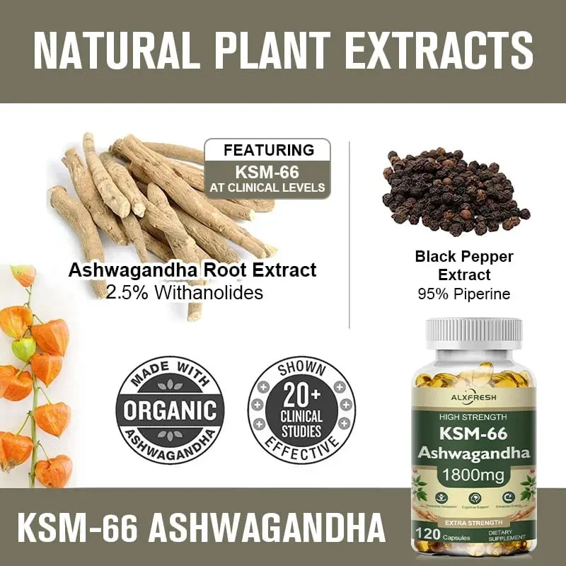 KSM-66 Organic Ashwagandha Capsules with Zinc | Non-GMO Vegan | Premium Formula Health Supplement