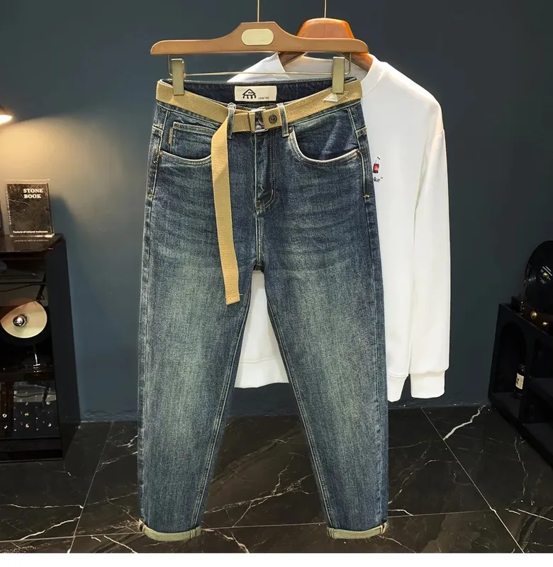 2025 Autumn/Winter Nine Point Jeans Men's Trendy Embroidered New Blue Retro Small Foot Slightly Loose PANTS fashion handsome