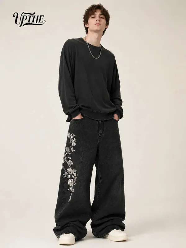 UP.THE Men Vintage Washed Black Baggy Wide Leg Jeans Y2K Oversized Loose White Rose Vine Embroidery Denim Pants Gothic Grunge Streetwear Trousers for Daily Outfits