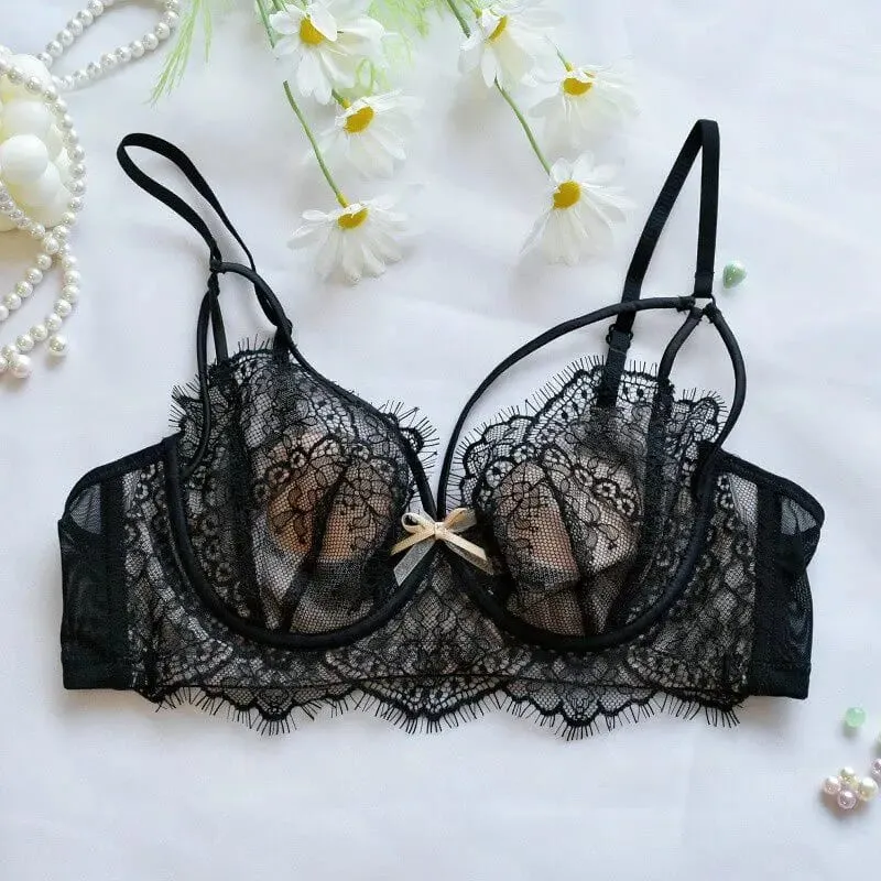 Korean Hot Trend Pure Desire Lace Bra Set Underwire Thin Cup Push Up Large Bust Visually Small Anti Droop Lingerie 32-38 Hot