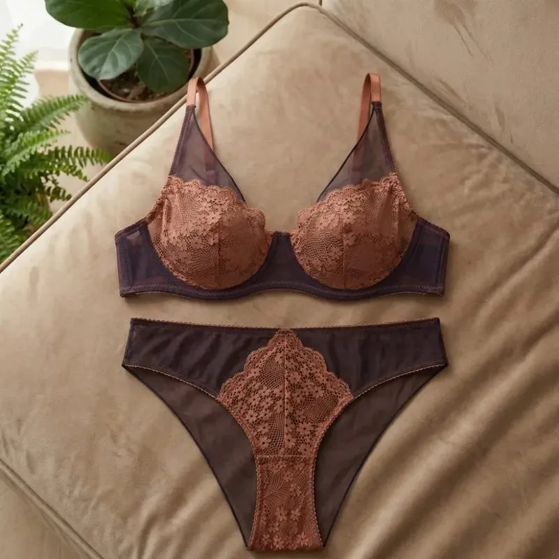 Conjunto de sujetador de flores de encaje de malla, lencería, ropa interior, sujetador de realce para mujer, sujetador sin costuras, Kit de bragas de malla, noches románticas