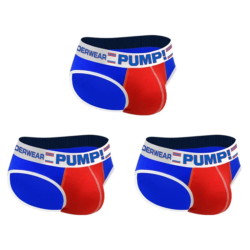 Men's Cotton Color Block Briefs, Pump! Logo Wide Waistband Low Rise Sexy 3D Convex Pouch Underwear