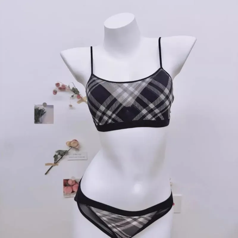 Conjunto de Lingerie Xadrez Vintage Americano Para Mulheres Sutiã Push Up Fino Anti Flacidez Confortável Diário