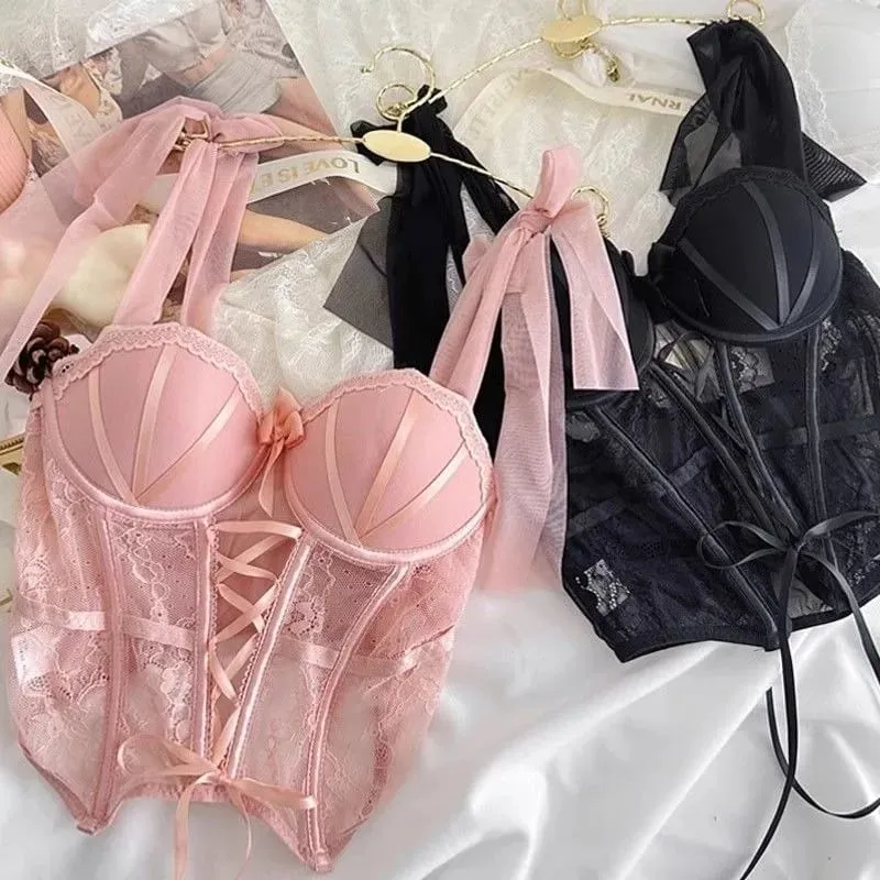 Japan Sexy Lingerie Set Lolita Kawaii Pink White Laced Up Adult Cosplay Women Bra Underwear Set Girl Sleepwear Clothing