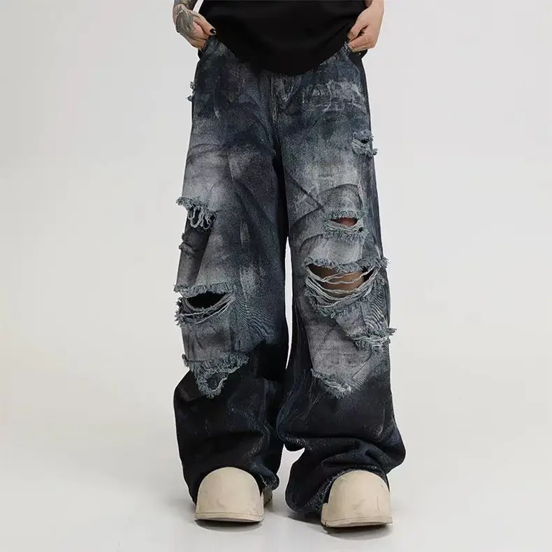 Inkjet buraco jeans masculino feminino novo americano lavado hip-hop calças de perna larga gótico rua calças retas