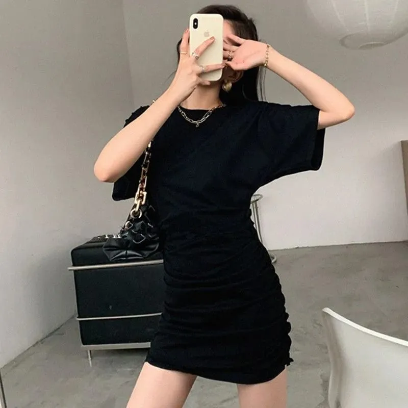 Women Summer Short Sleeve Dress Lady Bodycon Ruched Black Short Skirt Female Casual Elegant Party Daily Wear Dresses