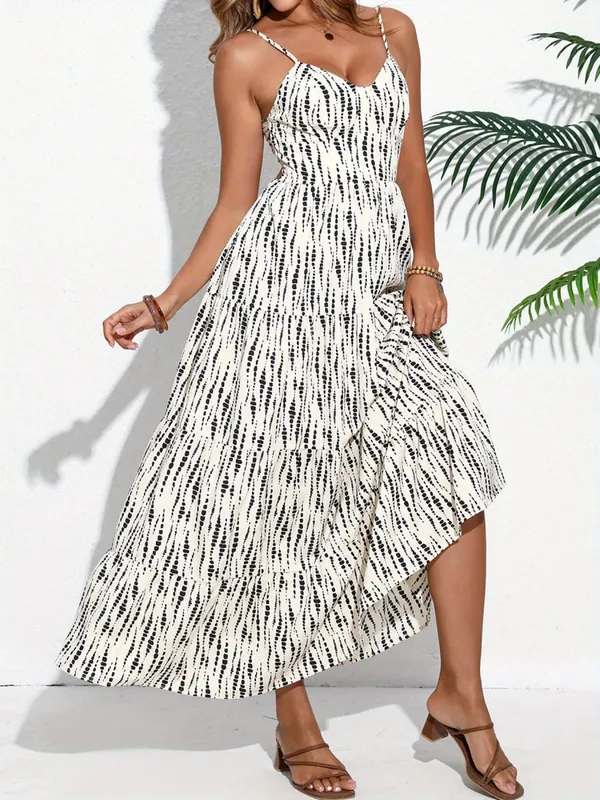 Women's Bohemian-Style Spaghetti Strap Wrap Dress with Lace-Up Back – Long Dress for Vacations and Getaways