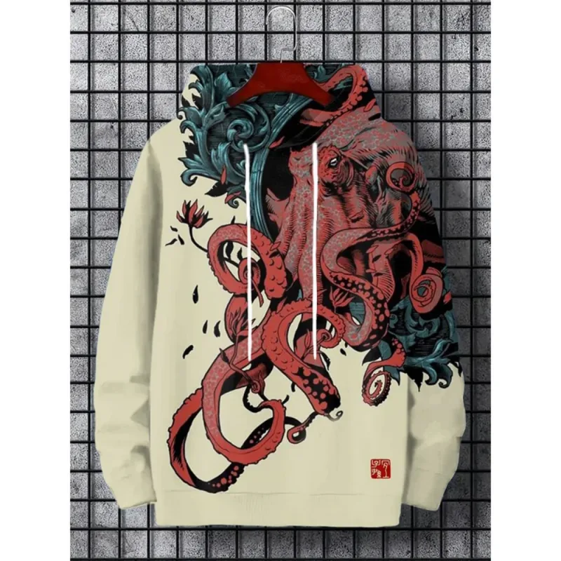 Japanese Harajuku 3D Printed Hoodies For Men Mountain Cat Tentacle Graphic Pullover Sweatshirts Casual Loose Hooded Long Sleeves