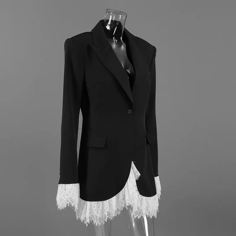 2026 Autumn New Sexy V-Neck Lace Patchwork Black Dress Elegant Temperament Long Sleeve Blazer Short Dresses Women Clothing