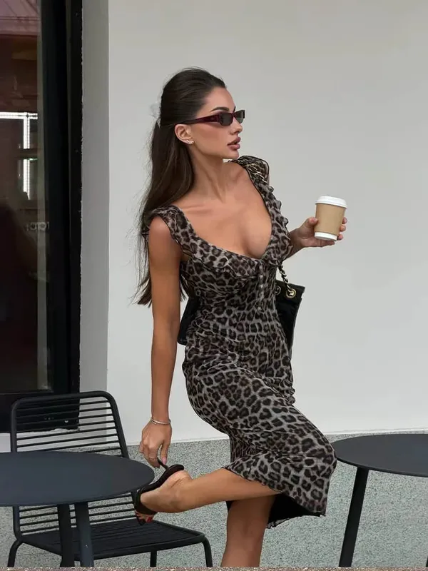 2026 New Mesh Midi Dresses V-Neck Lace-Up Sleeveless Leopard Printing Fashion Casual Street Style For Women Summer Chic