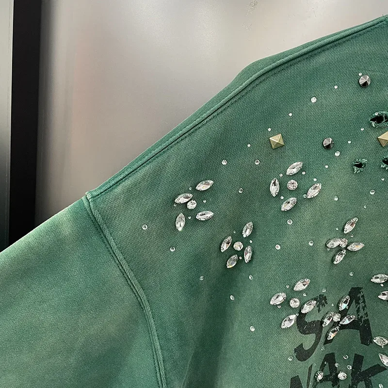 26FW Heavy Fabric Cotton Loose Rhinestone Rivet Satoshi Nakamoto Sweatshirts Men Women Vintage Charcoal Gray Green Pullovers