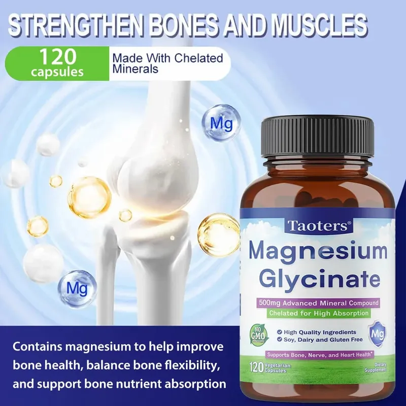 Magnesium Glycinate Capsules 500 Mg of Mineral Chelate To Enhance Absorption and Support Bone Nerve and Heart Health