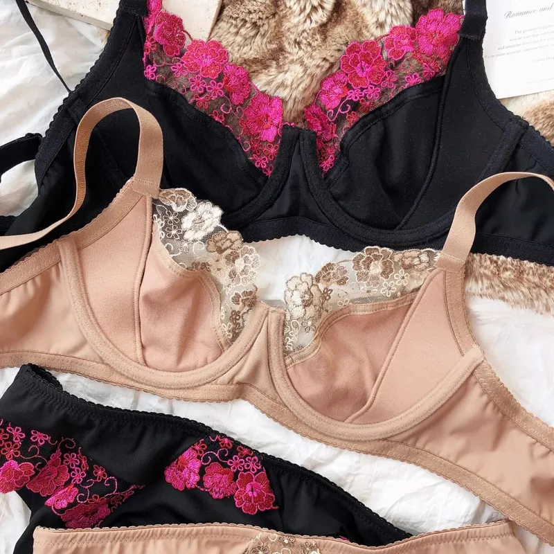 75-95 BCDEFG Summer New thin Floral Embroidery Push Up Women Sexy Underwear Sets Bra And Panty Lingerie Intimates
