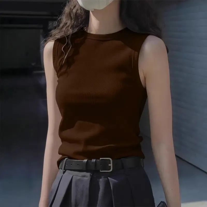 Ladies' Summer Fashion Round Neck Sleeveless Vest Soft Solid Color Suspender Korean Version Slim Fit Versatile Women's Clothing