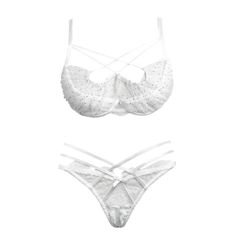 Hot Sale Summer Lace Embroidery Cross Tie Lingerie Set Sheer Mesh Push Up Bra Comfort Daily Wear Underwear Set for Women 32-38