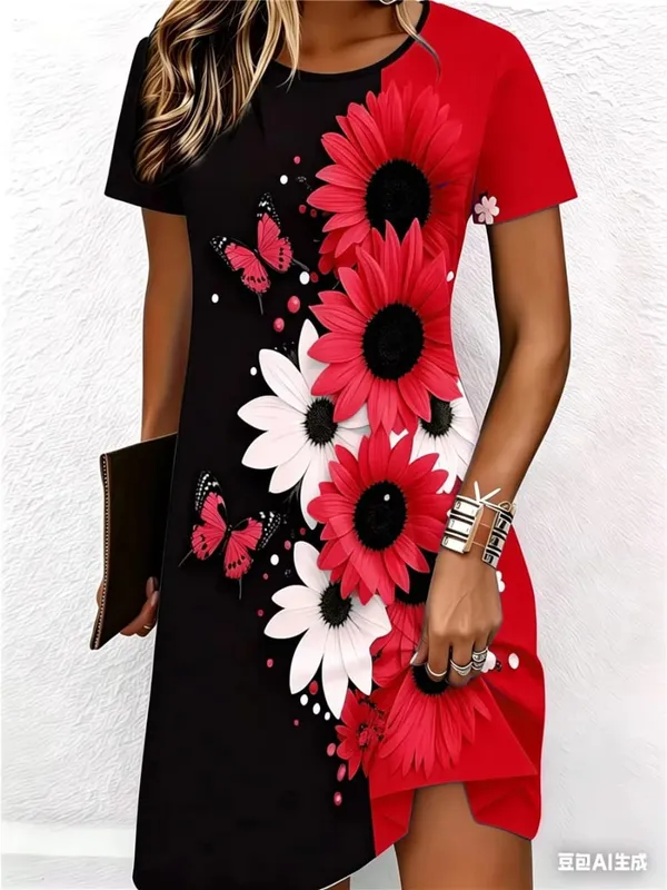 Street Hip Hop Flowers And Butterflies Women Mini Dresses Summer Short Sleeve 3D Printed Fashion Dress 3XL Big Size Casual Dress