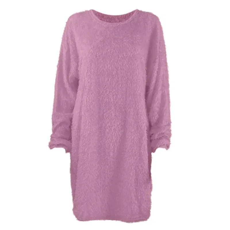 Damski sweter zimowy dzianinowy okrągły dekolt ciepły, długi rękaw O-Neck Casual bluzy sukienka jednolity kolor ponadgabarytowy podstawowy materiał damski