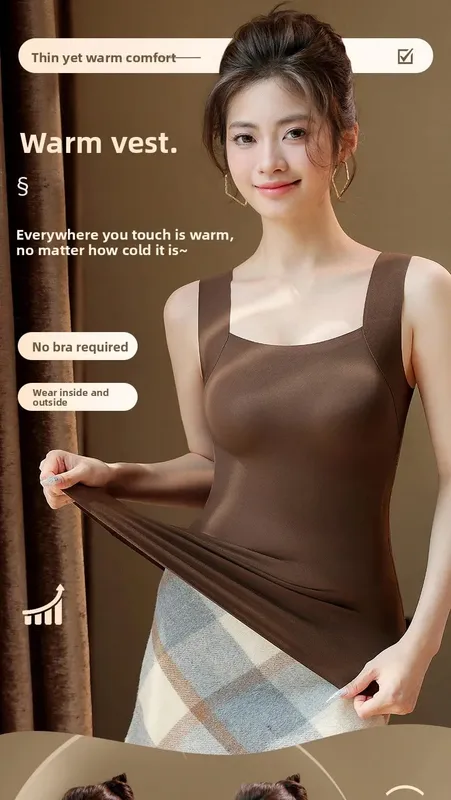For 40-90kg Autumn Seamless Plus Size Thermal Vest With Build-in Bra For Women Fixed Cup Beauty Skin Tank Tops Square Collar
