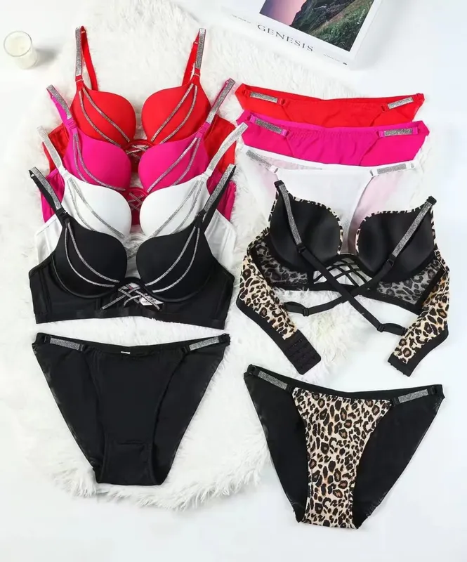 Rhinestone Sexy Bra Set Bralette Girls Underwear Brassiere Fashion Deep V Gather Bras Lingerie Panty Sets