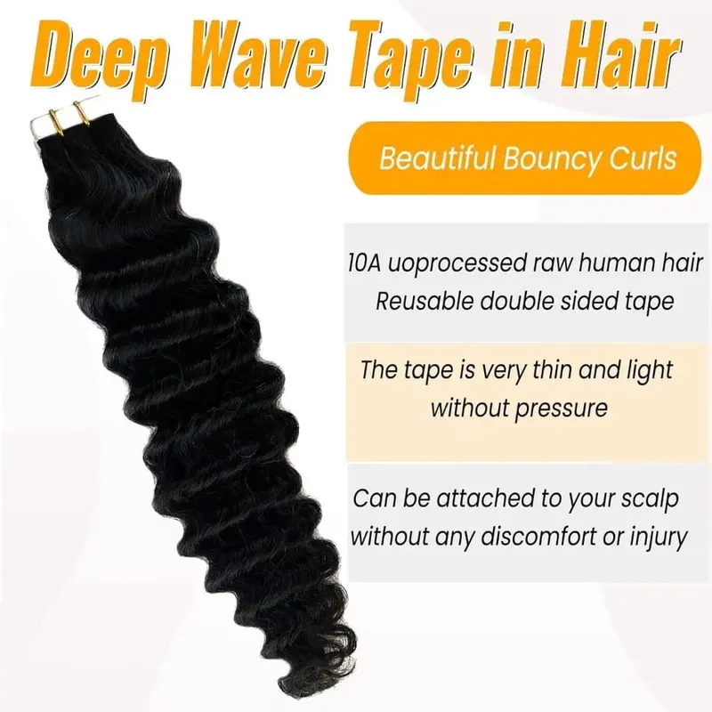 Páska s hlubokými vlnami v prodloužení 100% lidské vlasy Páska s hlubokými kudrnatými vlasy na prodloužení vlasů Skin Weft Remy Natural Hair Extensions #1B