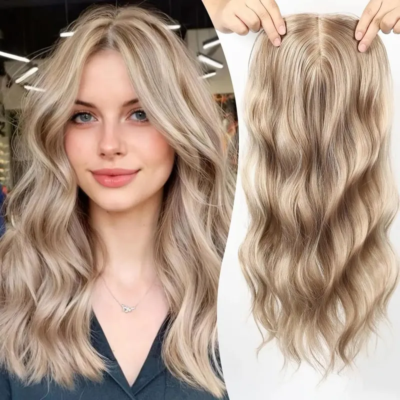20in Wavy Hair Toppers Long Brown Mixed Blonde Premium Synthetic Hairpieces with 6*6 Large Base Lace Clip In Hair for Women