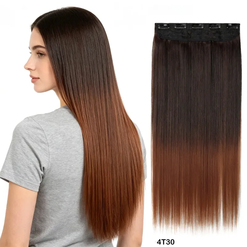 One Piece 5 Clips Long Straight Synthetic Clip In Hair Extension Ombre Gradient Color Hairpiece For Daily Party