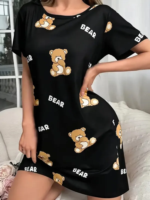 Women's Spring/Summer Fashion Bear Print Mid-Length Dress - Suitable for Daily Wear