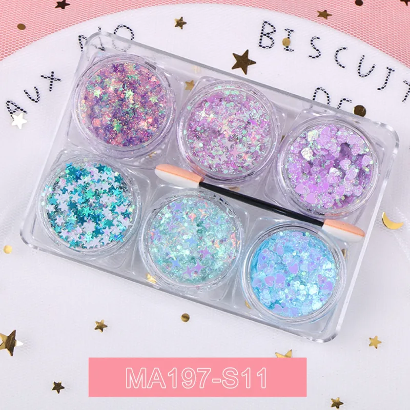 6Jar/set Holographic Body Glitter Gel Chunky Face Eye Heart Star Shaped Sparkle Glitter Sequins Makeup Nail Festival Party Decor