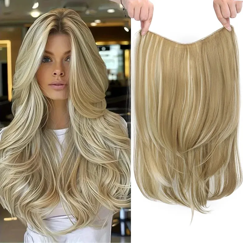 22Inch Synthetic Long Straight V-Shaped Layered Clip-In Hair Extensions for Women Invisible Seamless Hairpiece for Women