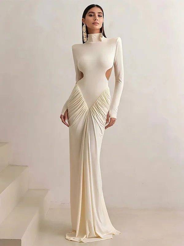 Robe Maxi dos nu pour femmes, épaulettes, manches longues, sans taille, fesses de pêche froncées, élégantes, slim, pour Banquet