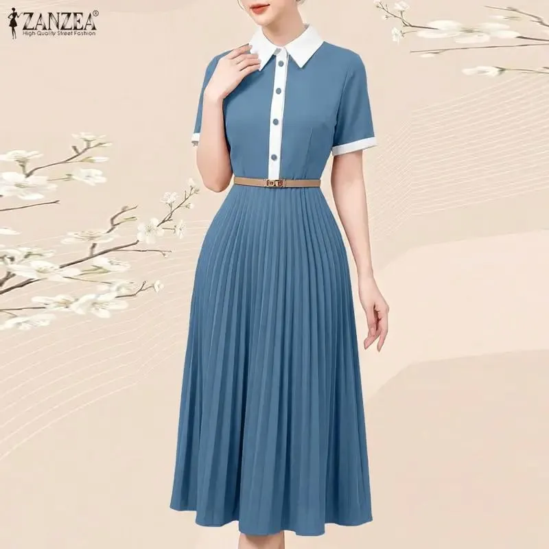 Professional OL Dress ZANZEA Women Summer Sundress Stylish Lapel Neck Short Sleeve Pleated Sundress Elegant A Line Work Dresses