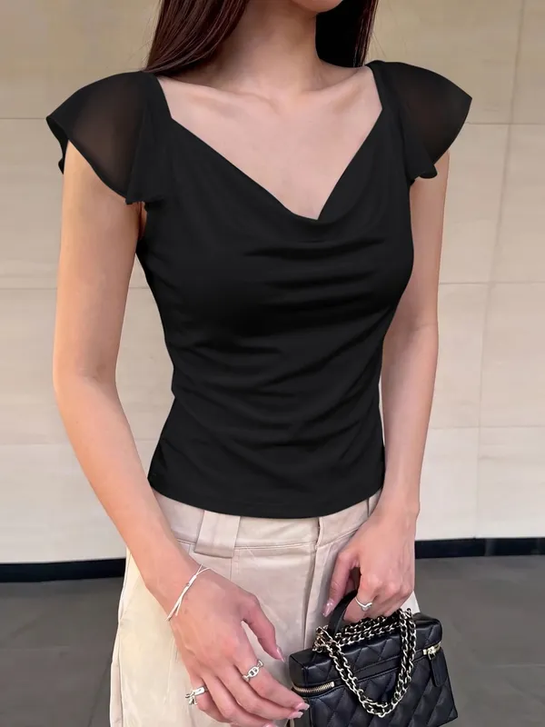 Dulzura Swinging Collar Backless Chiffon Patchwork Tank Top Women'S Solid Sexy Casual Y2K Top Party Vacation Beach Summer Outfit