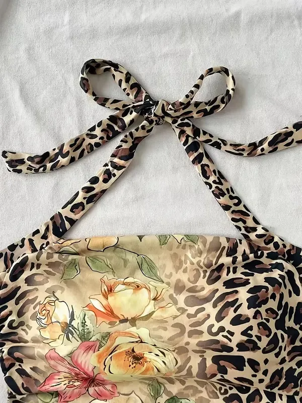 Cropped Top Women's Summer Vacation Women's Half Neck Leopard Print Colorful Flower Top