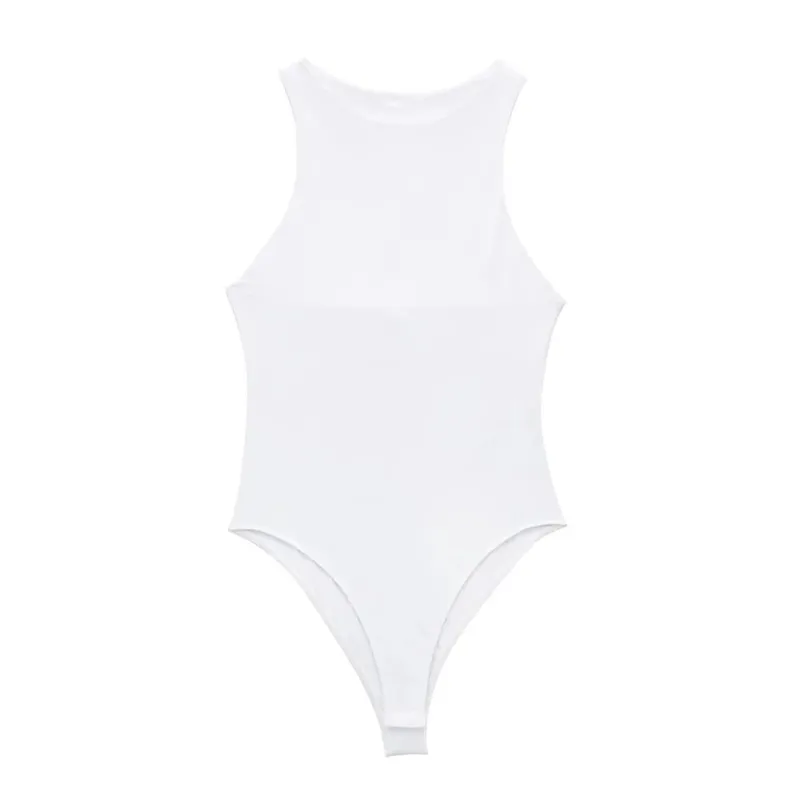 Moda feminina com decote halter magro bodysuit sexy sem mangas snap-botão feminino playsuits mujer