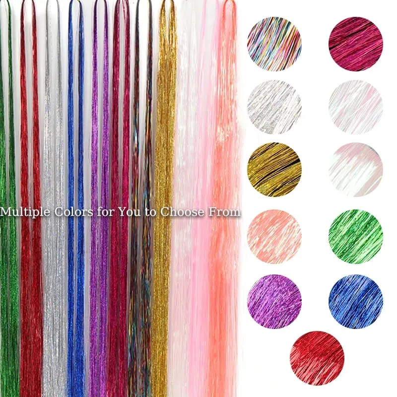 1PCS Sparkling Shiny Tinsel Hair 48inch Long Colored Hair Extensions Party Hightlights Women Hairpiece Halloween Christmas Use