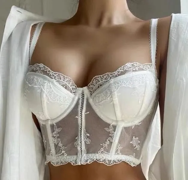 Vintage fransk halv kop broderi blonder longline korset bh sæt sexet push-up buste støtte forme lingeri 2 stk undertøj dragt