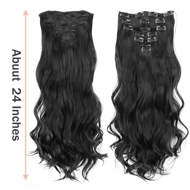 合成 16 クリップヘアエクステンション 7 ピース/セットロングウェーブのかかったヘアスタイル 24 インチ 140 グラムクリップ耐熱ブラックブラウンヘアピース
