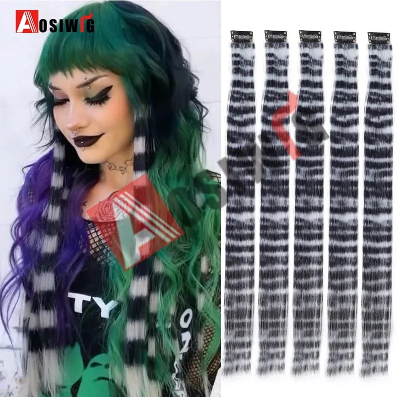5PCS Long Straight Synthetic Purple Orange heat-resistant Hair Extensions Clip in 24 Inch Colored Party Highlights Hairpieces fo