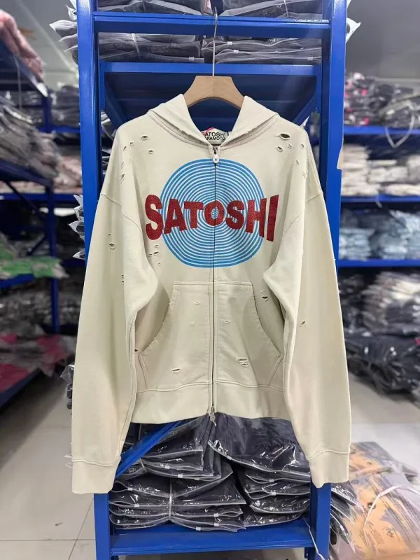 New Arrival Satoshi Zip Hoodie Destroyed Hole Design Loose Cotton Casual Outdoor Jacket Tops