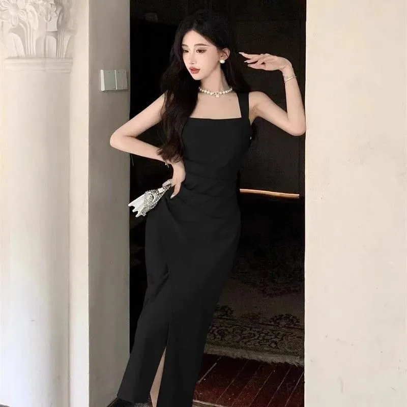 Women Premium Light Green Draped Square Neck Mid Calf Dress Lady Elegant Sleeveless Side Slit Dress Female Summer Concise Dress — image 7